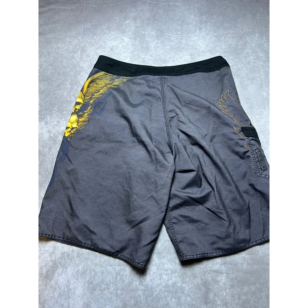 Crazy Shirt Board Shorts Mens 34 Gray Yellow Skull Wing Graphic Surf Trunks